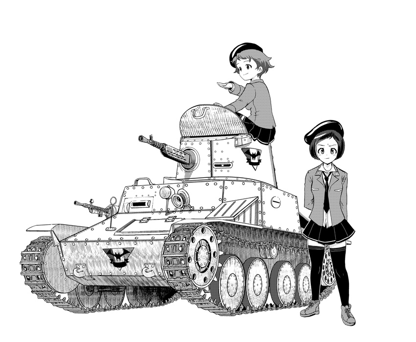 arms_behind_back bangs bat beret blouse caterpillar_tracks closed_mouth commentary commentary_request count_(emblem) cross-laced_footwear emblem girls_und_panzer greyscale ground_vehicle halftone hat highres jacket long_sleeves looking_at_viewer military military_uniform military_vehicle miniskirt monochrome motor_vehicle multiple_girls necktie open_clothes open_jacket original partial_commentary pleated_skirt r-1_(tank) shoes short_hair sitting skirt smile standing swept_bangs tank thighhighs uniform yoyokkun