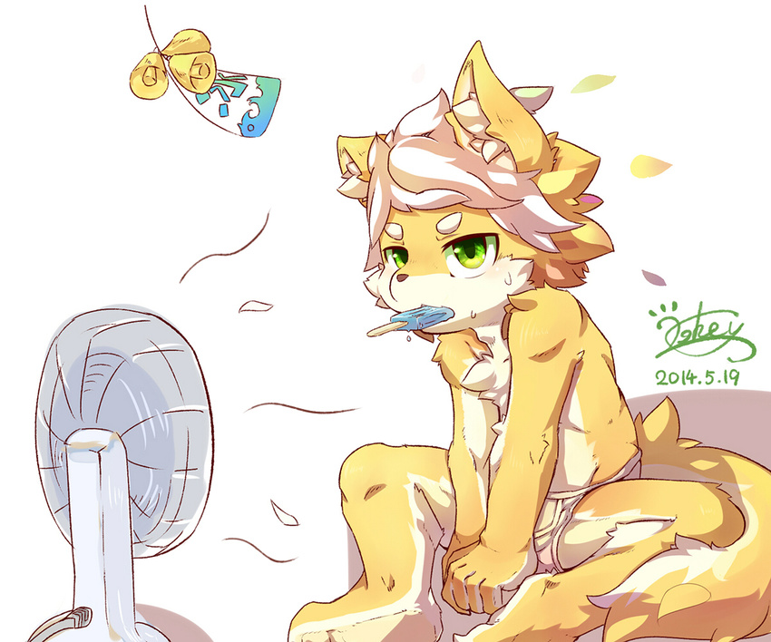 2014 anthro briefs canine clothed clothing cub food fox green_eyes hair half-closed_eyes lokey_(artist) male mammal popsicle simple_background sitting solo spread_legs spreading sweat topless underwear white_background white_hair young