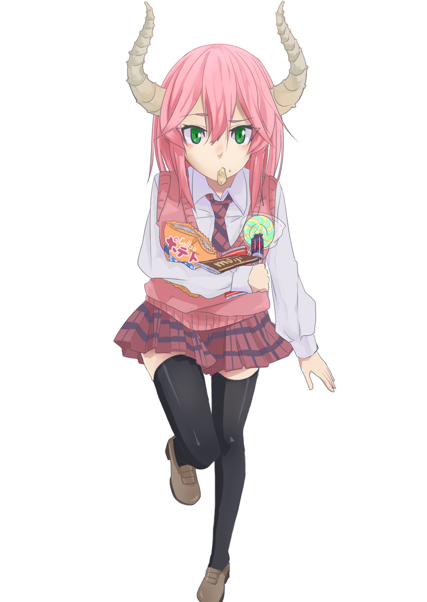 black_legwear brand_name_imitation candy chips chocolate_bar collared_shirt demon_girl demon_horns food food_in_mouth full_body green_eyes highres horns jitsu_wa_watashi_wa koumoto_akane lollipop long_sleeves looking_at_viewer meiji_(brand) necktie pink_hair plaid plaid_neckwear plaid_skirt pleated_skirt potato_chips raised_eyebrow shirt shoes short_hair skirt solo swirl_lollipop thighhighs vest white_background zenemu zettai_ryouiki