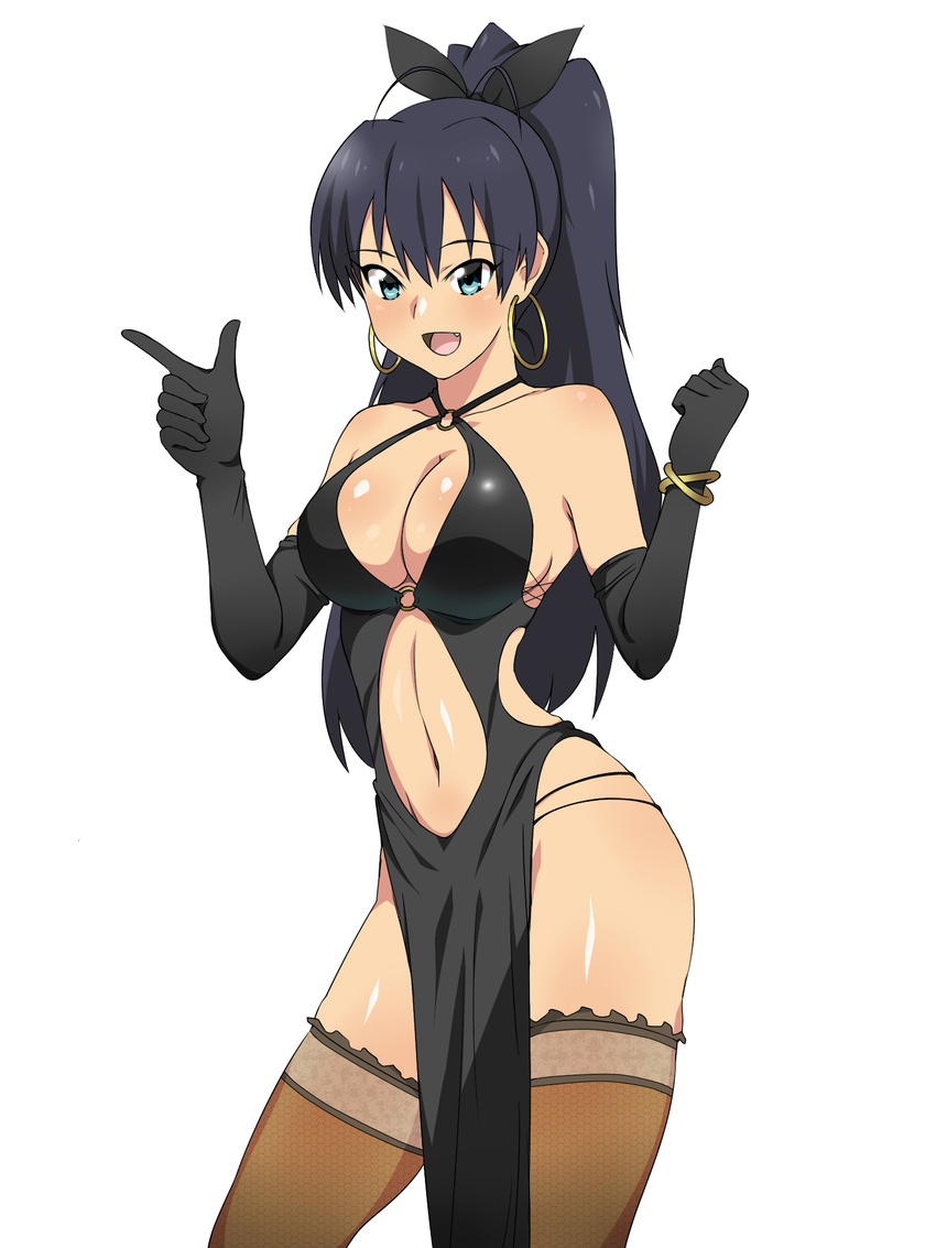 :d antenna_hair aqua_eyes bare_hips bare_shoulders black_dress black_gloves black_hair breasts brown_legwear cleavage commentary_request contrapposto cosplay dead_or_alive dress earrings elbow_gloves error fang ganaha_hibiki gloves high_ponytail highres idolmaster idolmaster_(classic) jewelry kagemusha lei_fang lei_fang_(cosplay) long_hair medium_breasts navel o-ring open_mouth pelvic_curtain revealing_clothes simple_background smile solo thighhighs white_background