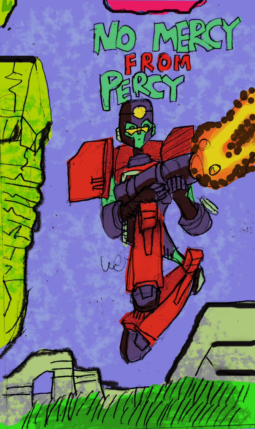 blue_eyes glass gun holding_object holding_weapon humanoid humor jumping machine male not_furry outside perceptor ranged_weapon robot simple_background solo speedfreak01 text transformers_animated weapon