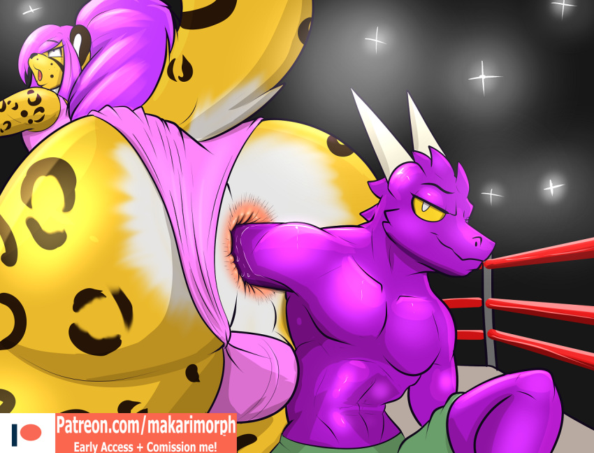 ahegao anal anal_fisting anthro anthro_on_anthro anus bent_over bieesha big_butt bulge butt clothed clothing deep_fisting dragon duo feline fighting_ring fisting girly horn looking_back looking_pleasured makarimorph male male/male mammal muscular muscular_male ponytail size_difference smug wide_hips wrestling