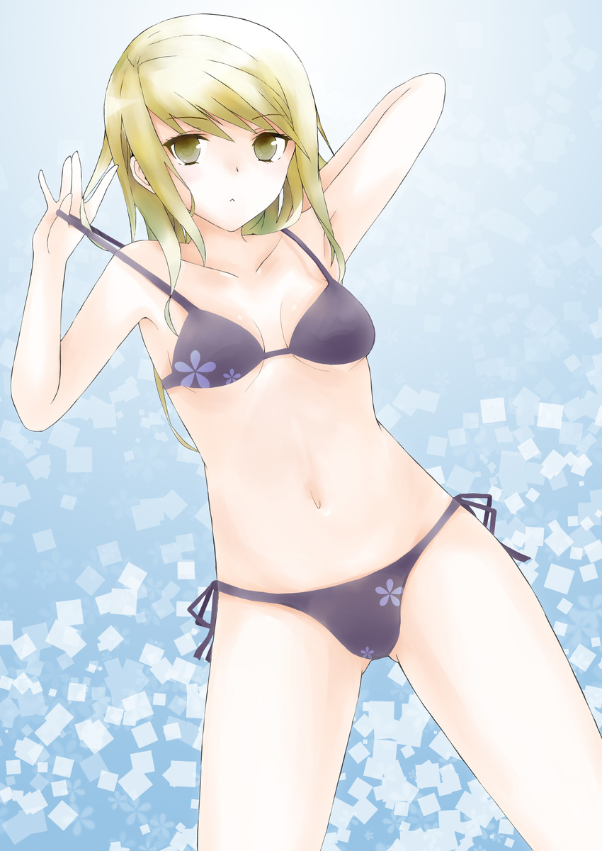 :&lt; absurdres adjusting_clothes adjusting_swimsuit ass_visible_through_thighs bikini blonde_hair breasts dutch_angle groin highres hikaru_ga_chikyuu_ni_itakoro looking_at_viewer medium_breasts navel shikibu_honoka side-tie_bikini solo strap_gap swimsuit yellow_eyes yoiwa