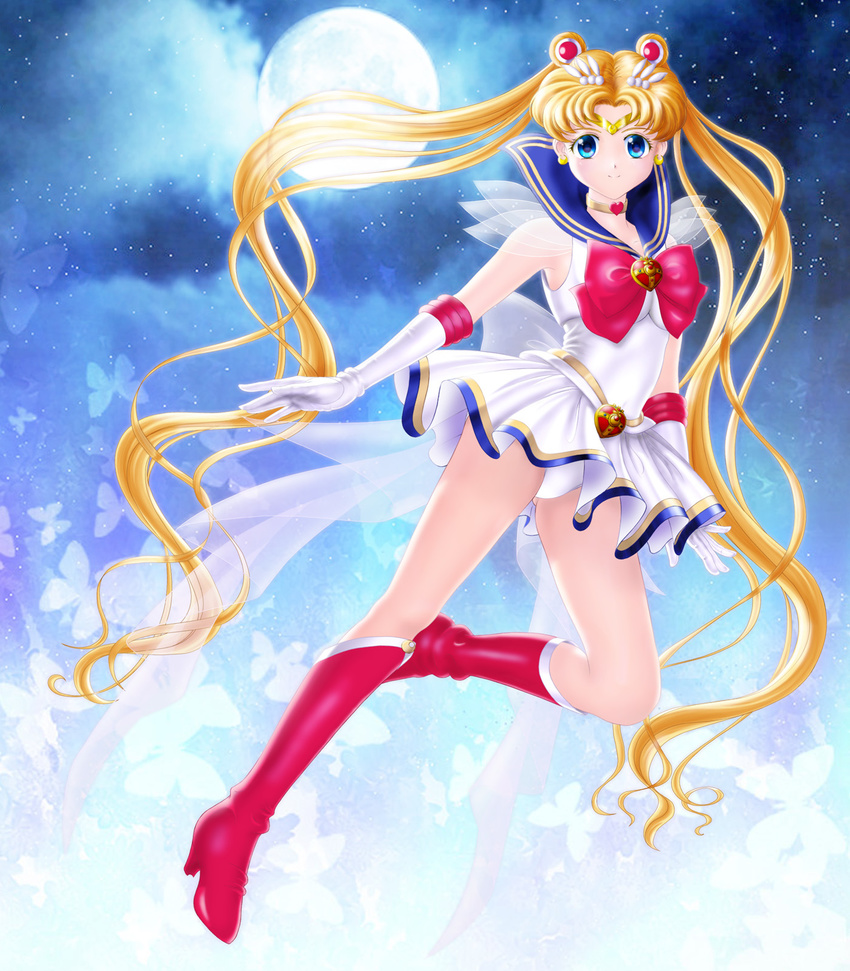bishoujo_senshi_sailor_moon blonde_hair blue_eyes blue_sailor_collar boots brooch bug butterfly choker circlet crescent crescent_earrings double_bun earrings elbow_gloves full_moon gloves hair_ornament heart heart_choker high_heel_boots high_heels highres insect jewelry knee_boots long_hair miniskirt moon multicolored multicolored_clothes multicolored_skirt panties pantyshot pantyshot_(standing) red_footwear ribbon sailor_collar sailor_moon sailor_senshi_uniform skirt sky smile standing star_(sky) starry_sky super_sailor_moon tsukino_usagi twintails twkr_(suguro-m) underwear very_long_hair white_gloves yellow_choker