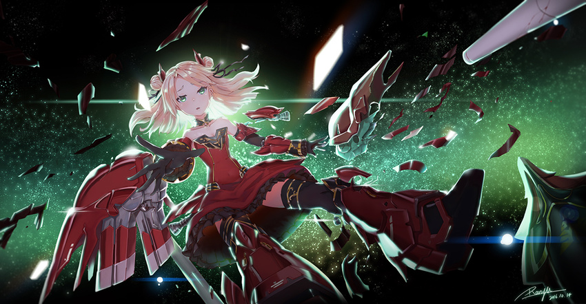 armor blonde_hair damaged double_bun green_eyes gundam gundam_unicorn mecha_musume mechanical_wings ranyu shield sinanju solo thighhighs wings zettai_ryouiki