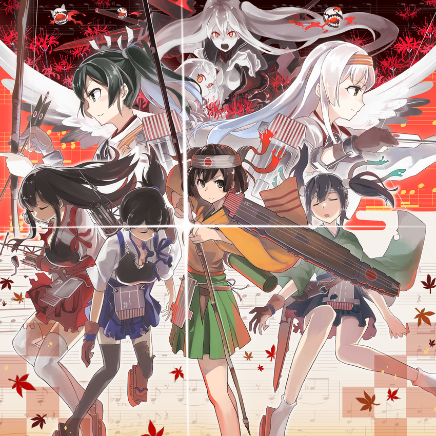 aircraft_carrier_hime akagi_(kantai_collection) arrow black_hair black_legwear blue_skirt bow bow_(weapon) breasts brown_eyes brown_hair cleavage closed_eyes collarbone commentary_request enemy_aircraft_(kantai_collection) flight_deck glowing glowing_eyes green_skirt grey_hair hair_between_eyes headband highres hiryuu_(kantai_collection) horns kaga_(kantai_collection) kantai_collection large_breasts long_hair long_sleeves looking_at_viewer multiple_girls northern_ocean_hime open_mouth pale_skin quiver red_eyes red_skirt remodel_(kantai_collection) shinkaisei-kan shoukaku_(kantai_collection) side_ponytail silver_hair skirt socks souryuu_(kantai_collection) sugue_tettou thighhighs torn_clothes turret twintails very_long_hair weapon white_hair white_legwear wide_sleeves zuikaku_(kantai_collection)