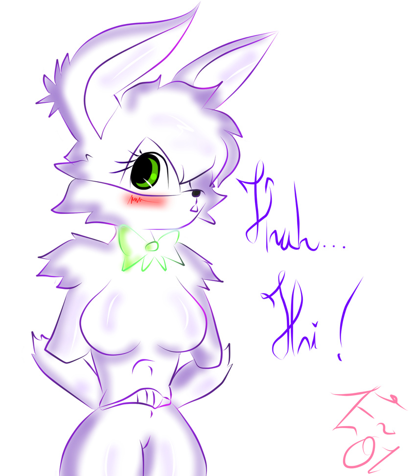 2016 animatronic anthro black_nose blush bow_tie breasts dashia dashiathebunny dialogue digital_media_(artwork) e-01_(artist) edit english_text fan_character featureless_breasts featureless_crotch female five_nights_at_freddy's fur green_eyes hair hair_tuft lagomorph long_ears machine mammal purple_fur rabbit remake robot shaded simple_background solo standing text the_zero_one_(artist) video_games white_background