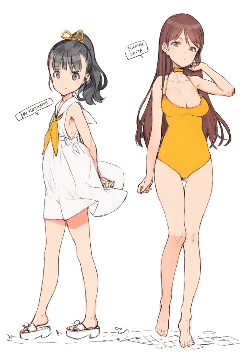 2girls absurdres arms_behind_back black_hair breasts brown_eyes brown_hair choker cleavage contrapposto dress eyebrows_visible_through_hair flat_chest fukuyama_mai full_body gluteal_fold hand_up head_tilt highres idolmaster idolmaster_cinderella_girls long_hair looking_at_viewer medium_breasts multiple_girls nitta_minami one-piece_swimsuit ooyari_ashito orange_swimsuit parted_lips ponytail sailor_dress scan simple_background smile standing swimsuit white_background white_dress