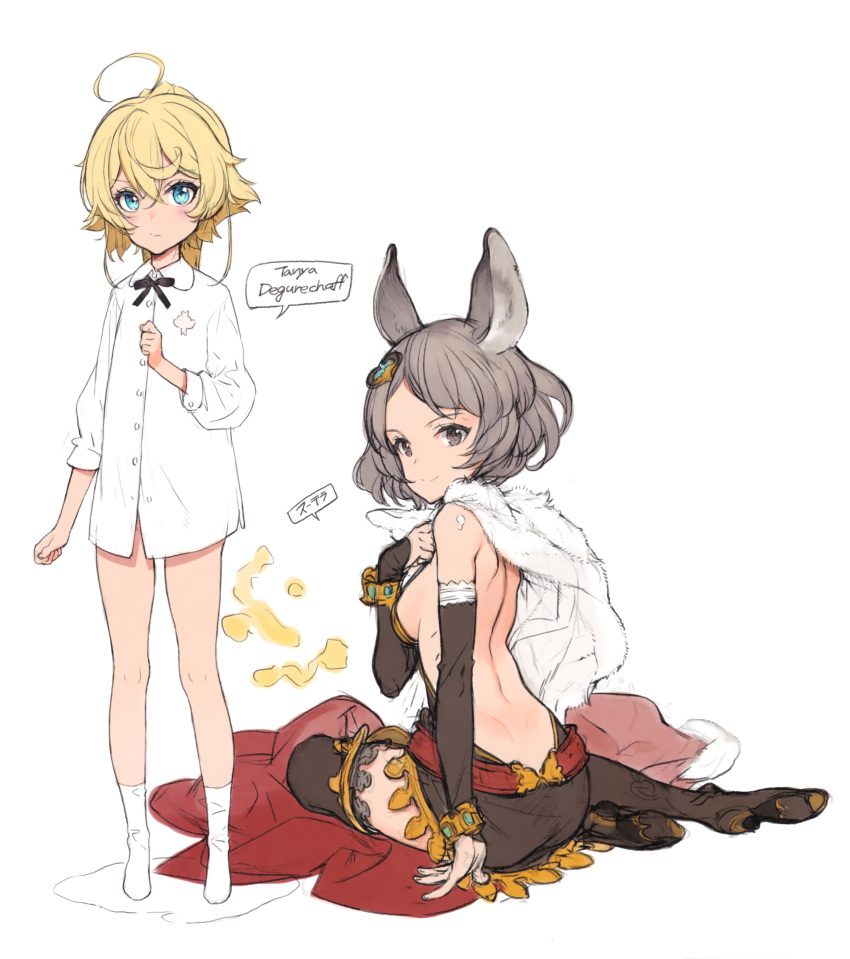 2girls absurdres ahoge animal_ears bare_back black_dress black_footwear blonde_hair blue_eyes bob_cut boots breasts detached_sleeves dimples_of_venus dress erune granblue_fantasy grey_eyes grey_hair hand_on_own_chest highres looking_at_viewer medium_breasts multiple_girls naked_shirt ooyari_ashito scan shirt short_dress short_hair sideboob simple_background sitting smile socks standing sutera_(granblue_fantasy) tanya_degurechaff thigh_boots thighhighs white_background white_legwear yokozuwari youjo_senki