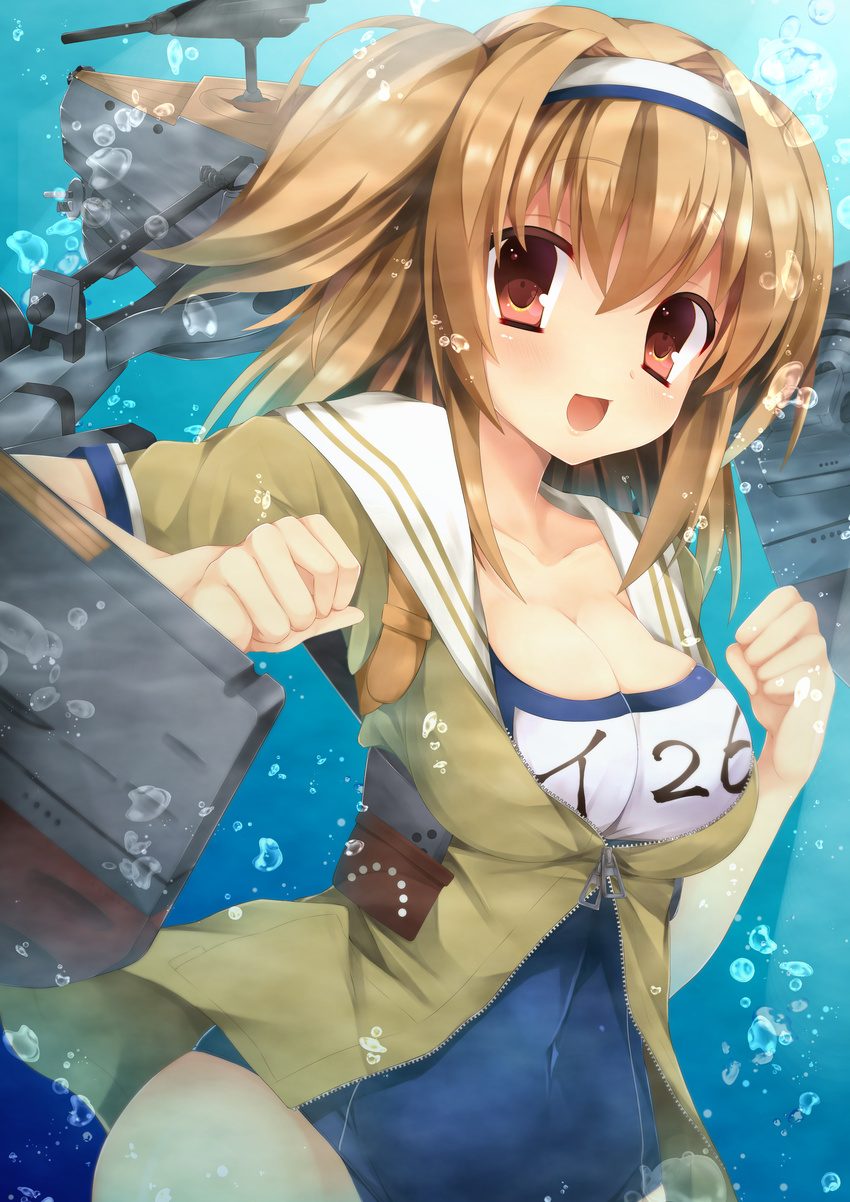:d absurdres breasts clothes_writing hairband highres i-26_(kantai_collection) kantai_collection kinosaki_yuuta large_breasts light_brown_eyes light_brown_hair long_hair looking_at_viewer name_tag new_school_swimsuit one-piece_swimsuit open_clothes open_mouth sailor_collar school_swimsuit short_sleeves smile solo swimsuit swimsuit_under_clothes two-tone_hairband two_side_up underwater