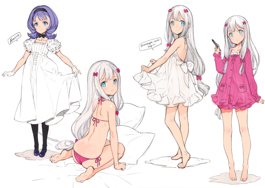 2girls absurdres almiria_bauduin ass barefoot bikini black_legwear blue_eyes bow contrapposto dress eromanga_sensei flat_chest flipped_hair full_body gloves gundam gundam_tekketsu_no_orphans hair_bow highres izumi_sagiri long_hair looking_at_viewer low-tied_long_hair multiple_girls multiple_views ooyari_ashito pajamas parted_lips pink_bikini purple_hair scan shoulder_blades sidelocks silver_hair smile swimsuit white_dress white_gloves