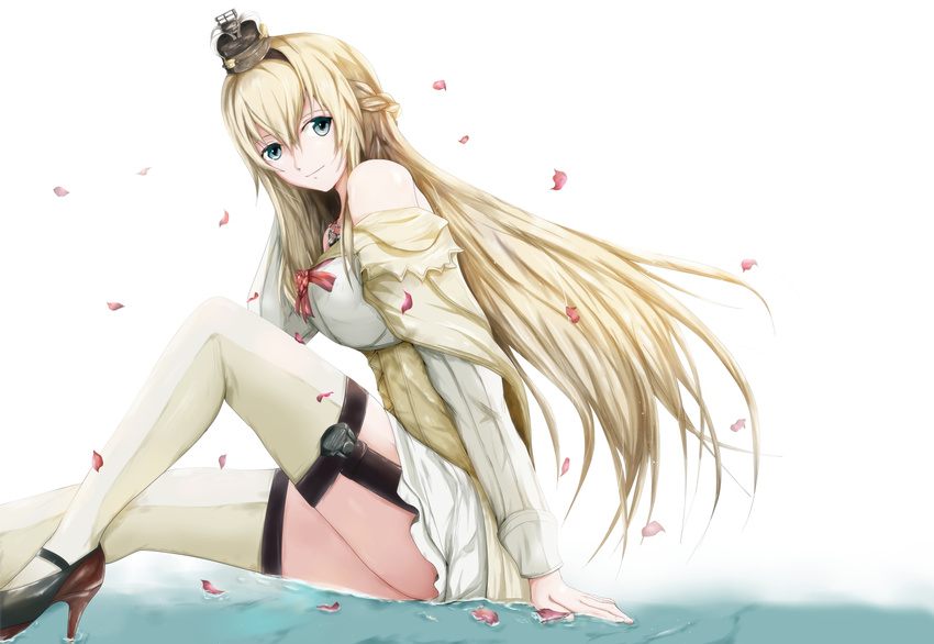 arm_support blonde_hair blue_eyes braid crown dress french_braid from_side garter_straps hairband high_heels highres kantai_collection long_hair long_sleeves looking_at_viewer looking_to_the_side mable mini_crown off-shoulder_dress off_shoulder red_ribbon ribbon sitting solo thighhighs warspite_(kantai_collection) white_dress white_legwear