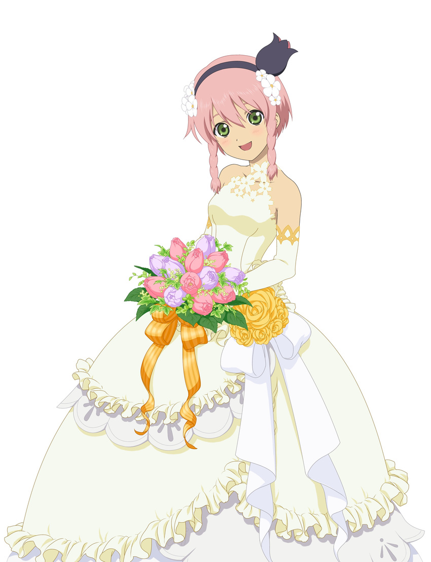 absurdres bouquet braid dress elbow_gloves flower gloves green_eyes hair_flower hair_ornament hairband highres holding official_art open_mouth pasca_kanonno pink_hair short_hair_with_long_locks side_braid simple_background sleeveless solo tales_of_(series) tales_of_link tales_of_the_world_radiant_mythology_2 twin_braids white_background