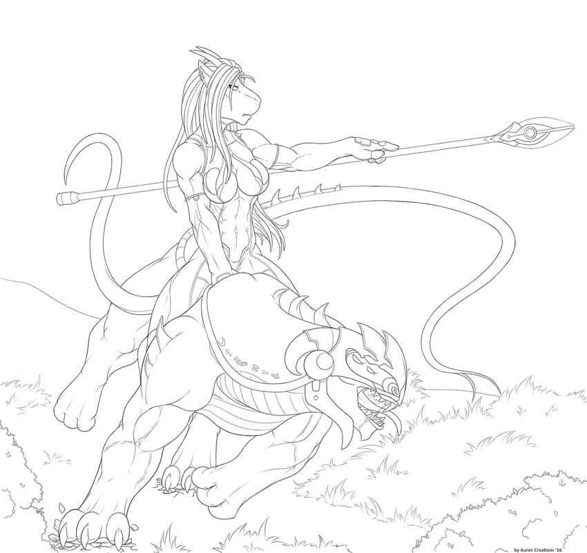3_toes 4_fingers abs ambiguous_gender anthro aurancreations breasts clothed clothing dragon duo ear_piercing feline female grass hair holding_object line_art mammal navel open_mouth panther piercing riding safira staff teeth toes tongue