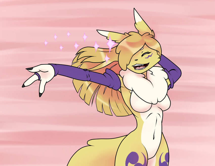 3_fingers ajvulpes anthro blonde_hair breasts bridal_gauntlets canine digimon eyes_closed featureless_breasts featureless_crotch female fox fur hair mammal mostly_nude navel open_mouth open_smile renamon smile solo sparkles white_belly white_fur yellow_fur