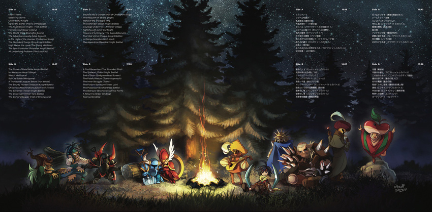 6+boys ariga_hitoshi armor black_knight_(shovel_knight) boomerang campfire cape chester_(shovel_knight) cloak credits english fire forest grandma_swamp grass hat helmet highres holding_hands horned_helmet horns instrument log lute_(instrument) mr._hat_(shovel_knight) multiple_boys multiple_girls music nature night night_sky official_art old_woman phantom_striker_(shovel_knight) playing_instrument reize_seatlan rock shield shield_knight shovel shovel_knight shovel_knight_(character) sitting sky sleeping sleeping_on_person sleeping_upright star_(sky) starry_sky the_bard_(shovel_knight) the_baz tree troupple_acolyte winged_helmet