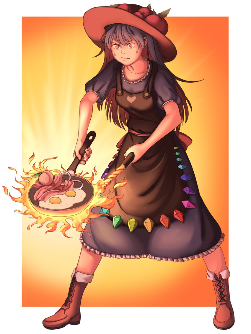 apron bacon black_apron black_hat blue_dress blue_hair boots brown_footwear collarbone commentary cooking dress egg fire food frilled_dress frills fruit frying_pan full_body hat hat_leaf highres hinanawi_tenshi long_hair mefomefo mundane_utility orange_background peach puffy_short_sleeves puffy_sleeves red_sash sash serious short_sleeves solo spread_legs sunny_side_up_egg sweat sword_of_hisou touhou yellow_eyes