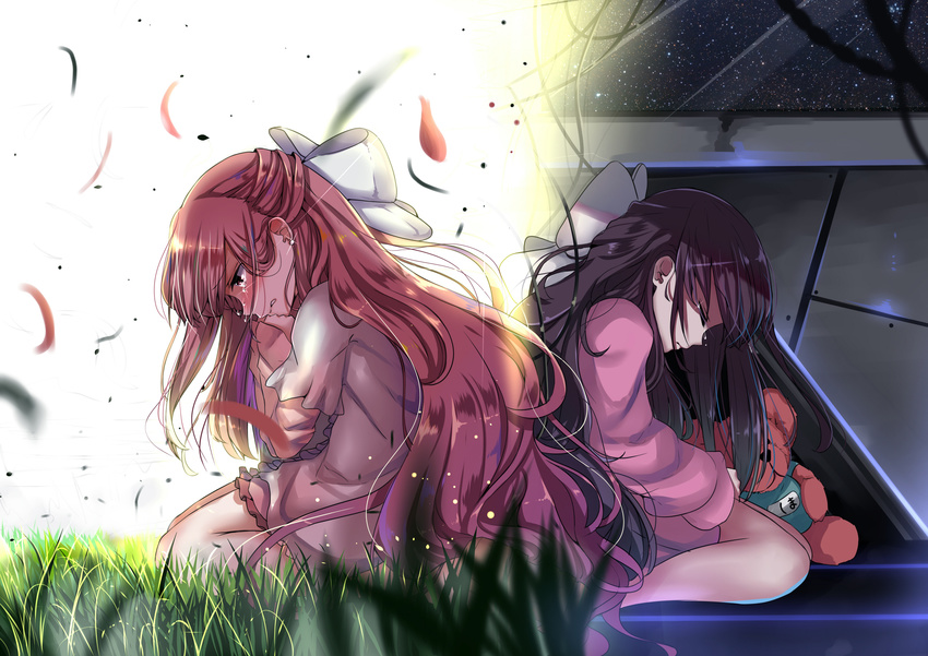 absurdres brown_hair dual_persona earrings grass hair_ribbon half_updo highres jewelry mike.zen red_eyes red_hair ribbon rin_(shelter) shelter_(music_video) sitting space symmetry tears wariza younger