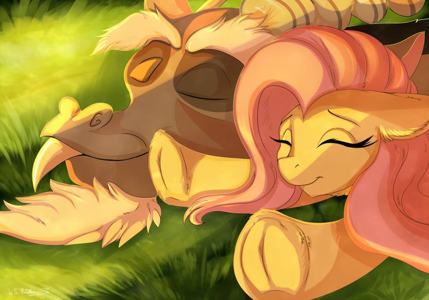 day discord_(mlp) draconequus duo equine eyebrows eyelash eyes_closed facial_hair female fluttershy_(mlp) friendship_is_magic fur goatee grass hair hooves horse male mammal my_little_pony outside pink_hair pony smile tai_lung_(artist) teeth yellow_fur