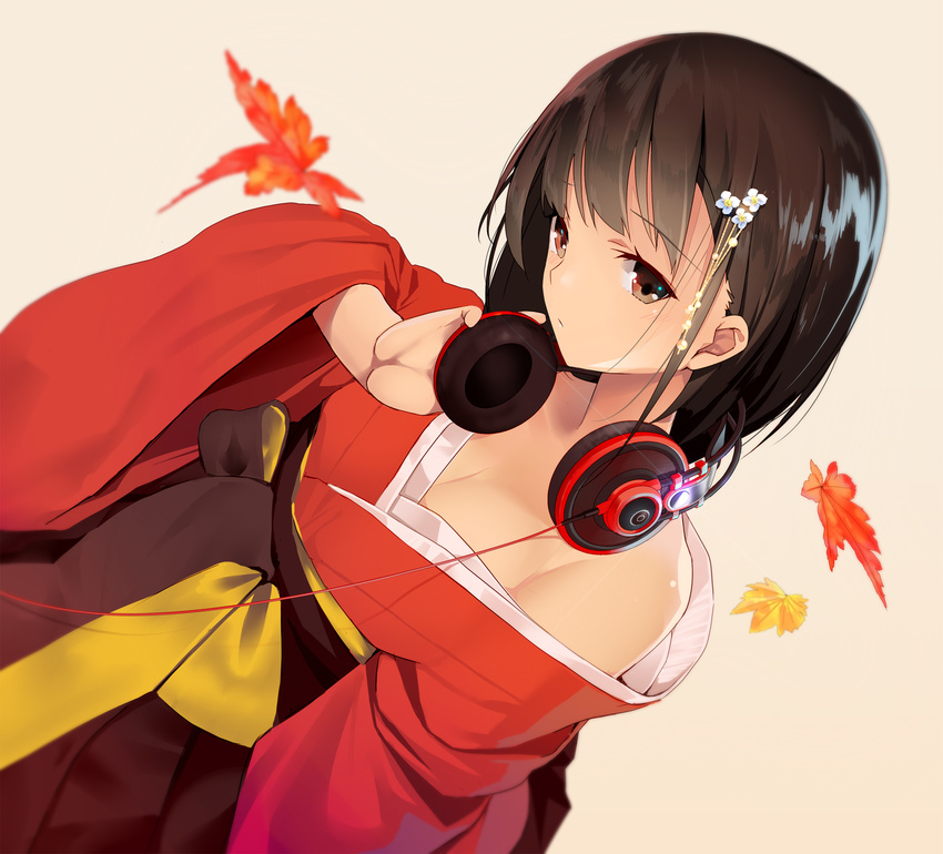 akg autumn_leaves black_hair breasts brown_eyes cleavage closed_mouth commentary dutch_angle hair_ornament hakama headphones headphones_around_neck highres japanese_clothes kimono leaf long_hair long_sleeves looking_at_viewer machimura_komori maple_leaf medium_breasts off_shoulder original solo wide_sleeves