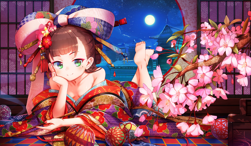 anne_(wixoss) ball bangs bare_shoulders barefoot blunt_bangs blush bow breasts brown_hair cherry_blossoms cloud collarbone commentary_request flower full_moon green_eyes hair_bow hair_flower hair_ornament hair_stick head_rest highres indoors japanese_clothes kanzashi kimono kiseru long_hair long_sleeves looking_at_viewer lying mole mole_under_eye moon nail_polish night night_sky off_shoulder on_stomach pipe round_window shamonabe sky small_breasts smile solo star_(sky) starry_sky temari_ball wide_sleeves window wixoss
