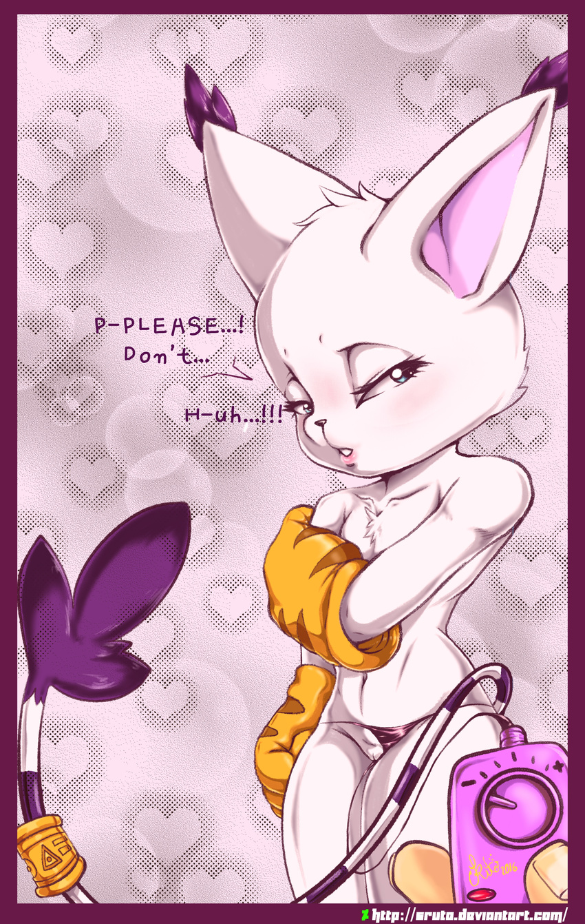 2016 anthro blue_eyes blush cat clothing dialogue digimon digital_media_(artwork) embarrassed english_text feline female fur gatomon gloves invalid_tag long_ears looking_at_viewer mammal pussy ring sex_toy simple_background solo sruto text vibrator white_fur