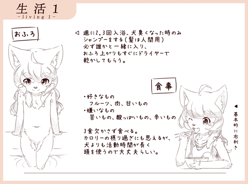 anthro bd_collie blush canine chopsticks claws clothed clothing dog female flat_chested food happy japanese_text kemono mammal model_sheet noodles ramen text tuft young