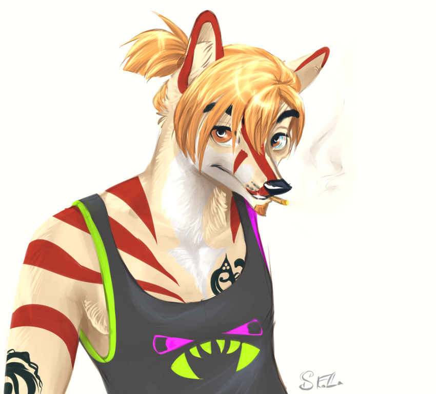 blonde_hair canine cigarette dog hair jexxter_black_(character) looking_at_viewer mammal orange_eyes ponytail shaza_(artist) solo stripes tattoo wolf