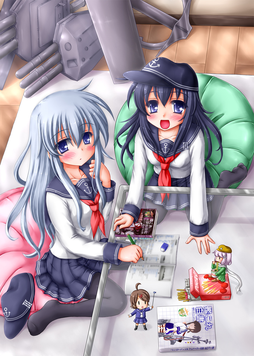 akatsuki_(kantai_collection) bean_bag_chair black_hair black_legwear blue_eyes blue_hair blush book brown_hair eating eraser fairy_(kantai_collection) food fubuki_(kantai_collection) hat headwear_removed hibiki_(kantai_collection) highres kantai_collection kotowari_(newtype_kenkyuujo) leaning_forward long_hair multiple_girls nanami_to_konomi_no_oshiete_abc open_mouth pantyhose parody pencil pink_hair pocky scarf school_uniform serafuku shirt short_hair sitting skirt smile table tenzan_(kantai_collection) writing