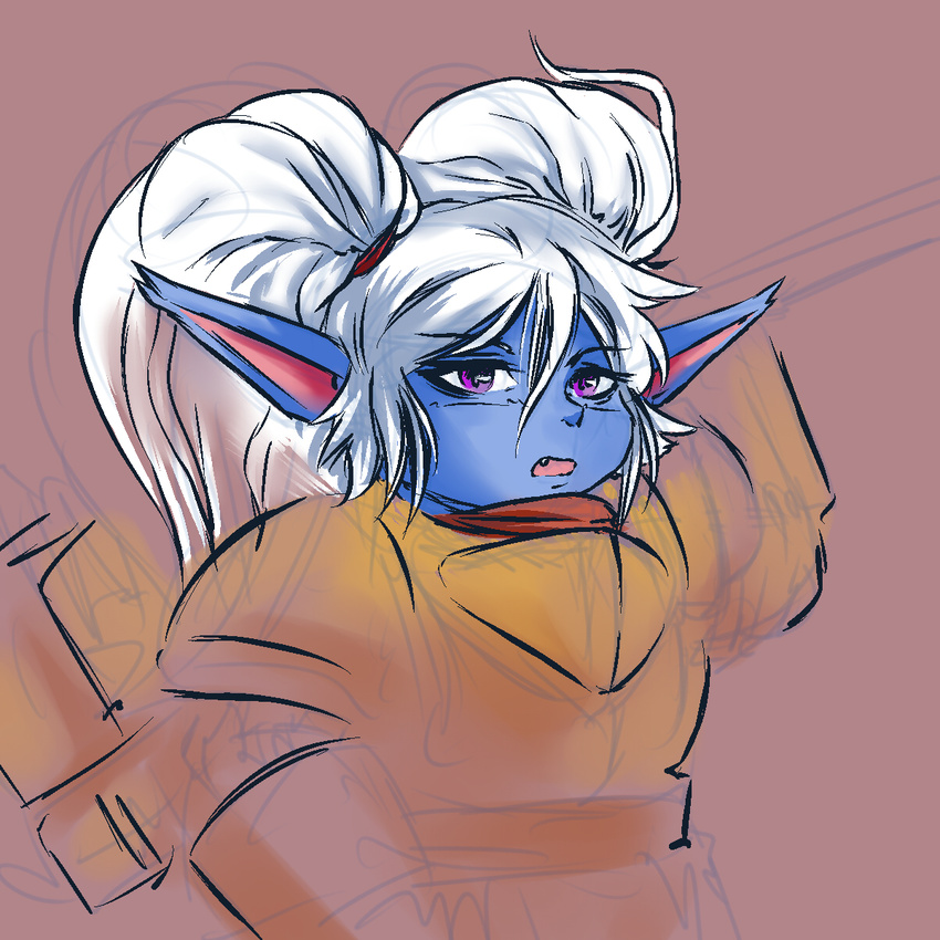 2015 armor blue_skin clothed clothing female hair hammer humanoid league_of_legends looking_at_viewer not_furry plagueofgripes pointy_ears purple_eyes red_background simple_background sketch solo tools tristana_(lol) unfinished video_games white_hair yordle