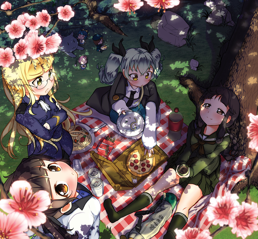 25mm_twin_autocannon_mount 6+girls 61cm_quadruple_(oxygen)_torpedo_mount anchovy anzio_school_uniform black_hair blonde_hair blurry bottle braid brave_witches brown_eyes cape carillus cat cherry_blossoms chibi cola commentary crossed_arms crossover cup dappled_sunlight depth_of_field dress_shirt drill_hair eating fairy_(kantai_collection) food georgette_lemare girls_und_panzer glasses green_eyes green_hair hair_ribbon highres holding kantai_collection kitakami_(kantai_collection) kneehighs long_hair long_sleeves looking_up minigirl multiple_crossover multiple_girls necktie parted_lips pasta perrine_h_clostermann picnic pizza plate pleated_skirt pocky ribbon school_uniform serafuku shirt single_braid size_difference skirt smile spaghetti stone strike_witches sunlight translation_request tree tree_shade twin_drills twintails white_shirt world_witches_series yunomi