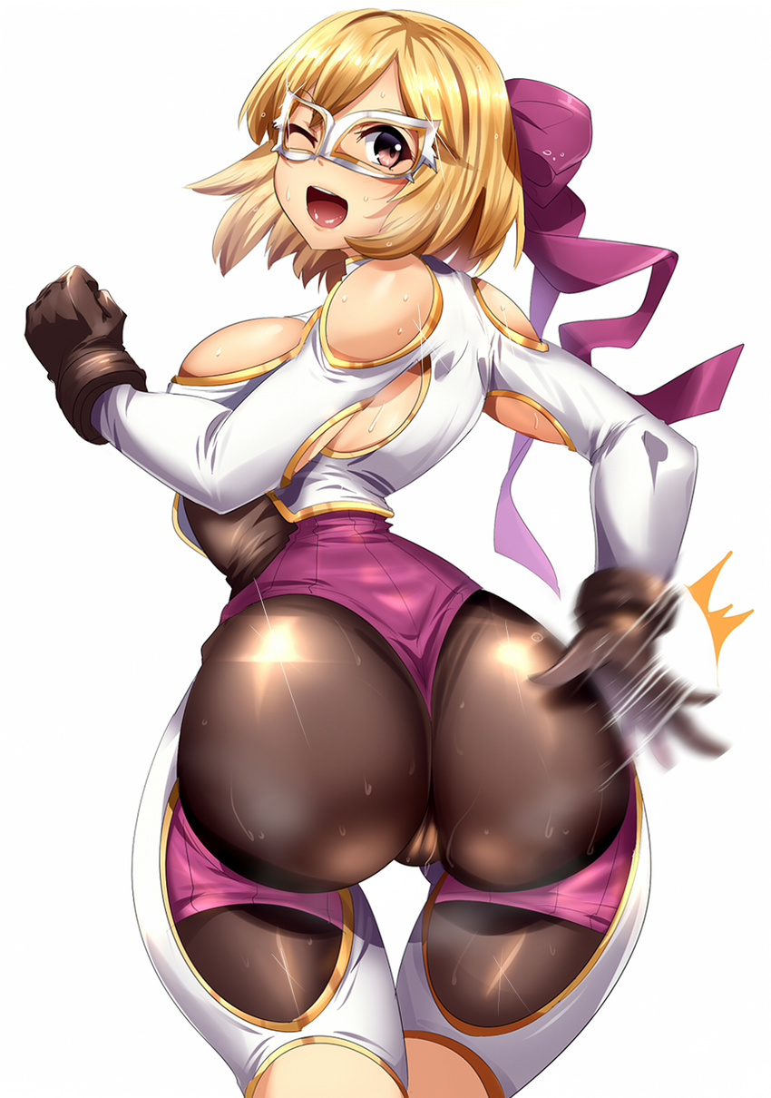 alternate_costume ass blonde_hair breasts brown_eyes cameltoe djeeta_(granblue_fantasy) gloves granblue_fantasy hair_ribbon highres large_breasts looking_at_viewer looking_back mask md5_mismatch one_eye_closed ribbon shiny short_hair simple_background smile solo spanking steam sweat thighs umakatsuhai white_background wide_hips wrestler_(granblue_fantasy) wrestling_mask wrestling_outfit