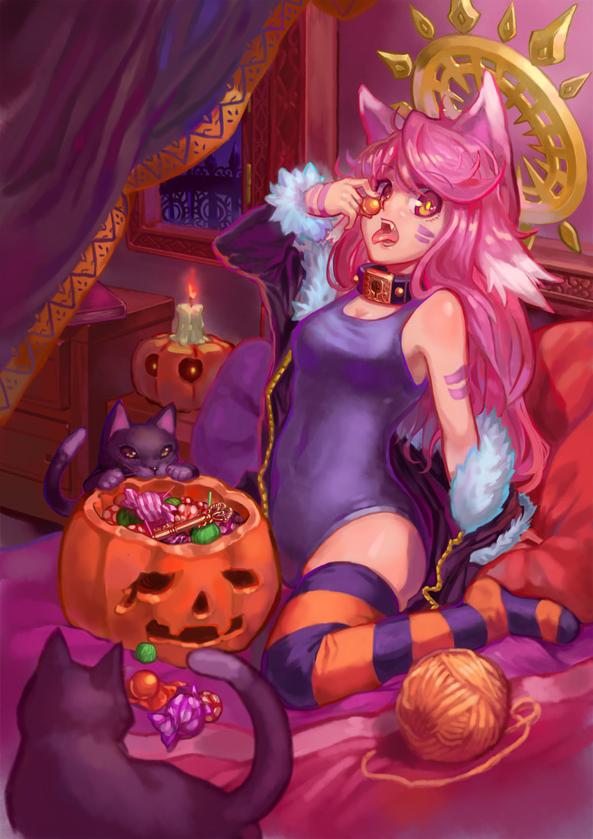 arm_support breasts brown_eyes candle candy cat character_request cleavage collar eyebrows eyebrows_visible_through_hair facial_mark fire food full_body fur_trim halloween halloween_basket halo hei_niao highres holding jack-o'-lantern jacket key keyhole long_hair long_sleeves looking_at_viewer medium_breasts micheal monster_strike off_shoulder on_bed one-piece_swimsuit open_clothes open_jacket open_mouth pillow pink_hair purple_swimsuit sitting solo striped striped_legwear swimsuit thighhighs very_long_hair wariza window wrapped_candy yarn yarn_ball