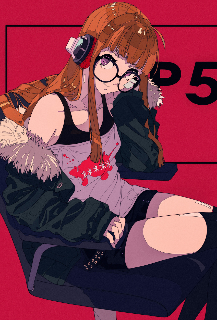 absurdres chair fur_trim glasses headphones highres jacket kogecha_(coge_ch) long_hair office_chair orange_hair persona persona_5 sakura_futaba shorts sitting solo