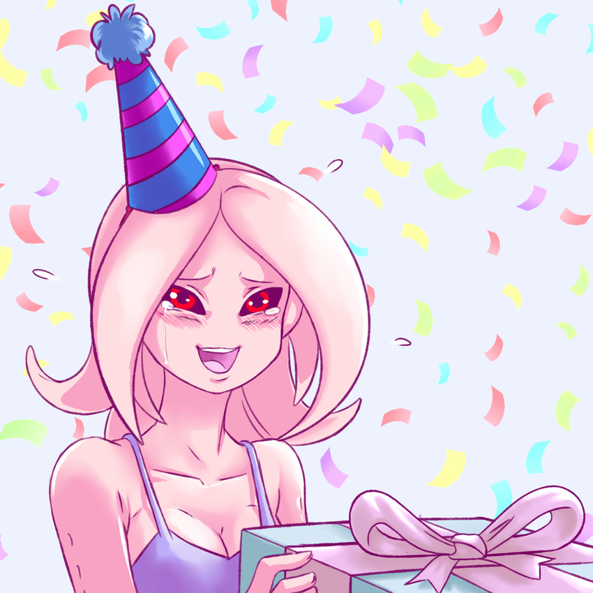 4chan :d bare_shoulders birthday black_sclera blush breasts cleavage collarbone confetti crying crying_with_eyes_open dragon_ball dragon_ball_xenoverse female_majin flying_sweatdrops gift happy hat highres holding imageboard_colors lavender_background long_hair medium_breasts open_mouth party_hat pink_hair pink_skin plague_of_gripes purple_ribbon purple_shirt red_eyes ribbon shirt simple_background smile solo striped striped_hat tank_top tears