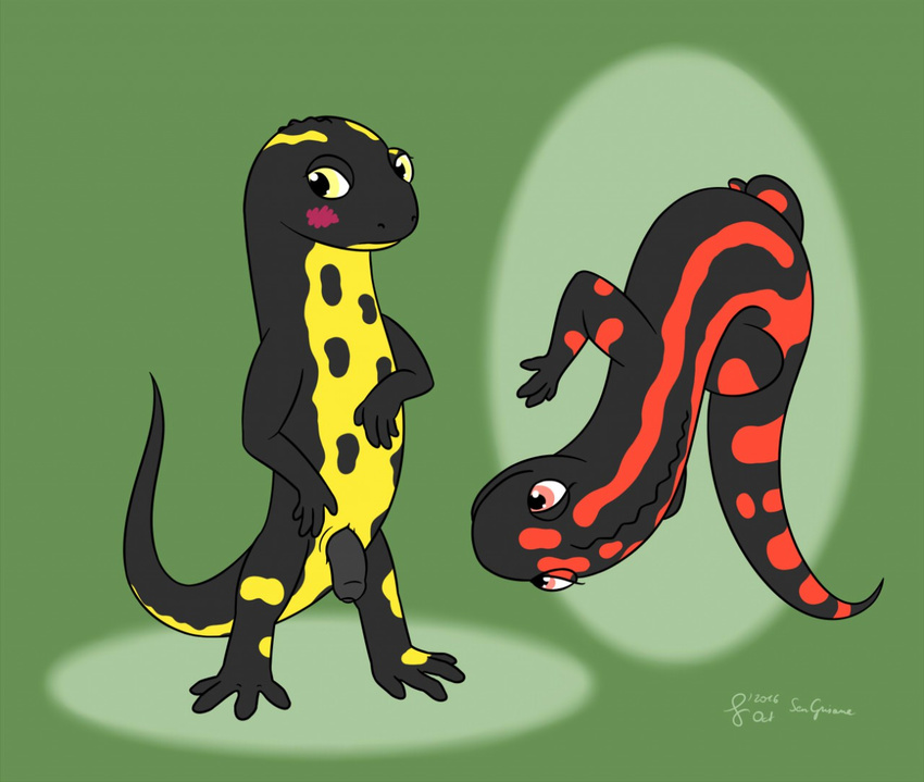 ambiguous_gender amphibian animal_genitalia blush feral fire_salamander flaccid flat_colors front_view genital_slit looking_away male partially_retracted_foreskin penis salamander semi-anthro sen-en signature slit standing uncut