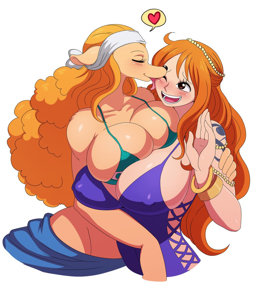 big_breasts bikini breasts canine clothed clothing dog headband huge_breasts human jewelry licking mammal minkmen_(one_piece) nami one_piece sssonic2 swimsuit tongue tongue_out wanda_(one_piece)