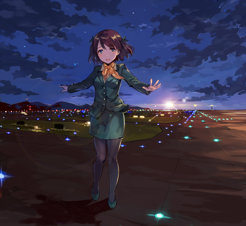 airport black_legwear blush brown_hair cloud commentary cravat dark green_eyes happy highres hill horizon lights looking_at_viewer night open_mouth original outstretched_arms pantyhose runway shadow skirt sky solo star_(sky) stewardess tan_(tangent) two_side_up uniform walking