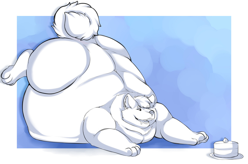 2016 anthro belly big_belly blue_background border cake canine digital_media_(artwork) dog drooling fluffy fluffy_tail food husky hyper hyper_belly legs_up lying male mammal monochrome morbidly_obese nude on_front open_mouth oreocakes outside_border overweight overweight_male plate saliva simple_background sky_(xenonwolf) smile solo teeth white_border