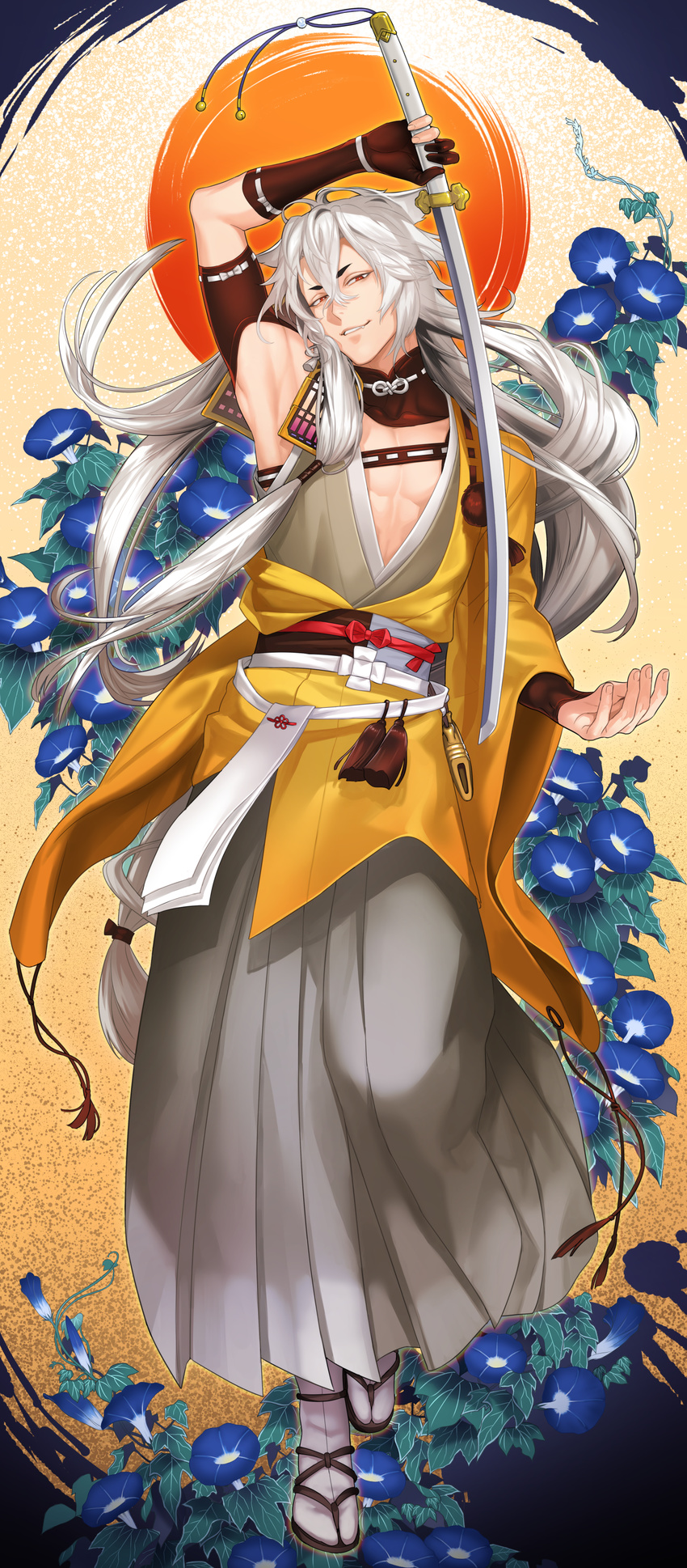 absurdres armor black_gloves fang flower gloves hakama highres japanese_armor japanese_clothes katana kogitsunemaru leaf long_hair male_focus morning_glory partly_fingerless_gloves red_eyes sandals shoulder_armor sine smile sode solo sword tabi touken_ranbu weapon white_hair