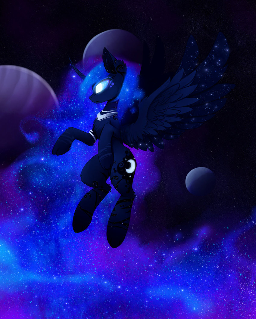 blue_eyes blue_feathers blue_fur cosmic_feathers cosmic_hair cutie_mark detailed_background feathers female feral friendship_is_magic fur horn magnaluna mammal my_little_pony nude paws princess_luna_(mlp) solo space