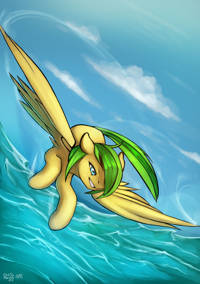 blue_eyes day detailed_background equine fan_character feathered_wings feathers female feral green_hair hair hooves mammal my_little_pony nude outside pegasus rain-gear sky smile solo water wings