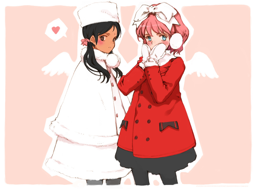 2girls angel_wings aria_vancleef artist_name bangs black_hair black_legwear blue_eyes blush border bow brown_eyes buttons child coat dark_skin earmuffs embarrassed flat_chest forehead_jewel fur_hat fur_trim hair_bow hands_on_own_cheeks hands_on_own_face hat heart kaya_xavier large_bow littlewitch long_hair looking_at_viewer looking_back mittens multiple_girls official_art ooyari_ashito outline pantyhose parted_bangs peacoat pink_background pink_hair profile short_hair shoujo_mahou_gaku_littlewitch_romanesque simple_background skirt spoken_heart standing thighhighs tied_hair twintails wallpaper watermark wings winter_clothes winter_coat