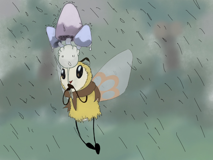 antennae arthropod detailed_background flora_fauna fur insect insect_wings morelull nintendo open_mouth open_smile plant pok&eacute;mon pokecology raining ribombee scarf smile tree video_games wet wet_fur white_fur wide_eyed wings yellow_fur