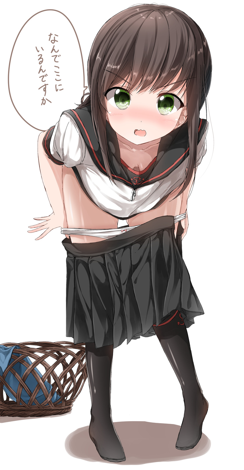 absurdres anchor_symbol ass_visible_through_thighs bangs black_legwear black_skirt blush bow bow_panties breasts brown_hair cleavage commentary_request downblouse embarrassed eyebrows eyebrows_visible_through_hair fubuki_(kantai_collection) full_body green_eyes highres kantai_collection laundry_basket leaning_forward long_hair looking_at_viewer no_shoes nose_blush open_mouth panties panty_pull partially_undressed pentagon_(railgun_ky1206) pink_bow pleated_skirt remodel_(kantai_collection) school_uniform serafuku simple_background skirt skirt_pull small_breasts socks solo standing translated underwear undressing wavy_mouth white_background white_panties