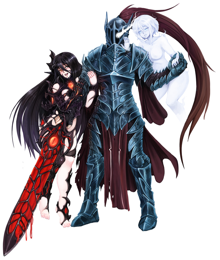 2girls arm_hug armor barbariank black_eyes black_hair blue_eyes blush colorized cursed_sword_(monster_girl_encyclopedia) floating full_armor ghost glowing glowing_eye greaves heart helmet heterochromia highres holding_hands living_armor_(monster_girl_encyclopedia) long_hair lovestruck monster_girl_encyclopedia multiple_girls non-web_source orange_eyes pelvic_curtain plate_armor short_hair simple_background sketch sword very_long_hair weapon white_background white_hair