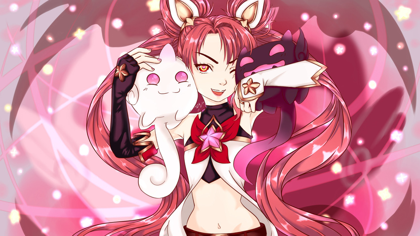 alternate_costume alternate_hair_color elbow_gloves fingerless_gloves gloves jinx_(league_of_legends) kuro_(league_of_legends) league_of_legends long_hair magical_girl red_hair shiro_(league_of_legends) star_guardian_jinx tied_hair twintails very_long_hair wink