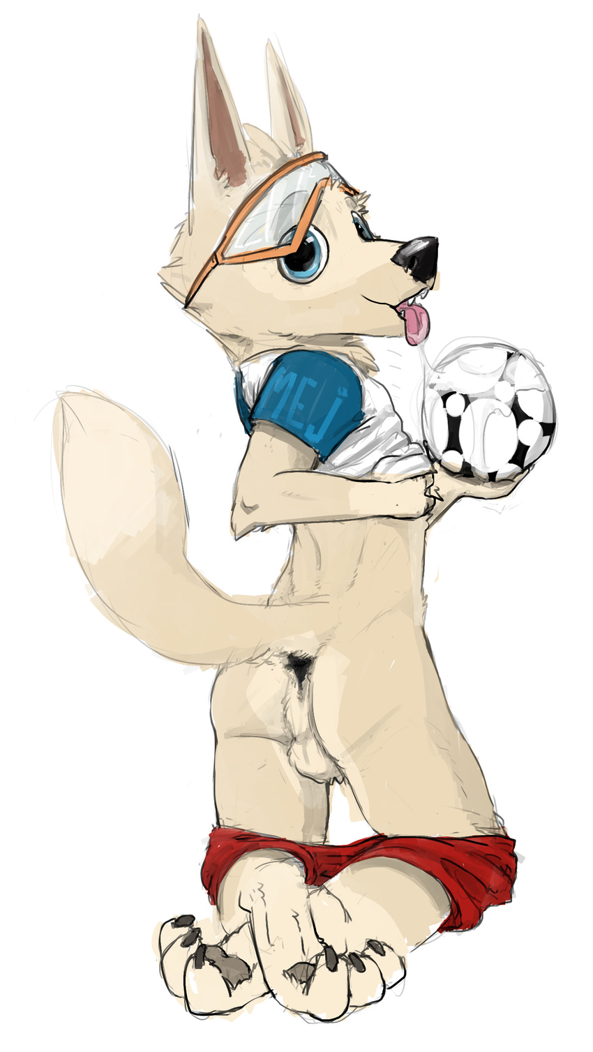 2016 anthro anus ball balls bottomless butt canine clothed clothing digital_media_(artwork) eyewear fifa fur glasses goggles hair hole_(disambiguation) invalid_tag looking_at_viewer male mammal mascot mej no_sound open_mouth presenting russia russian shirt simple_background smile soccer solo sport teeth tongue tongue_out white_background wolf world_cup young zabivaka