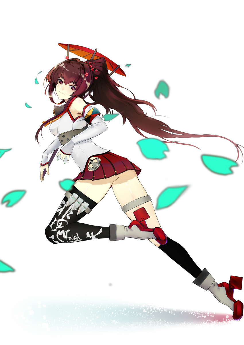 absurdres ass asymmetrical_legwear black_legwear brown_eyes brown_hair cherry_blossoms clothes_writing detached_sleeves flower ganida_boushoku hair_flower hair_ornament headgear highres kantai_collection kneehighs long_hair looking_at_viewer miniskirt oriental_umbrella pleated_skirt ponytail red_skirt red_umbrella single_thighhigh skirt smile solo thigh_strap thighhighs umbrella very_long_hair yamato_(kantai_collection)