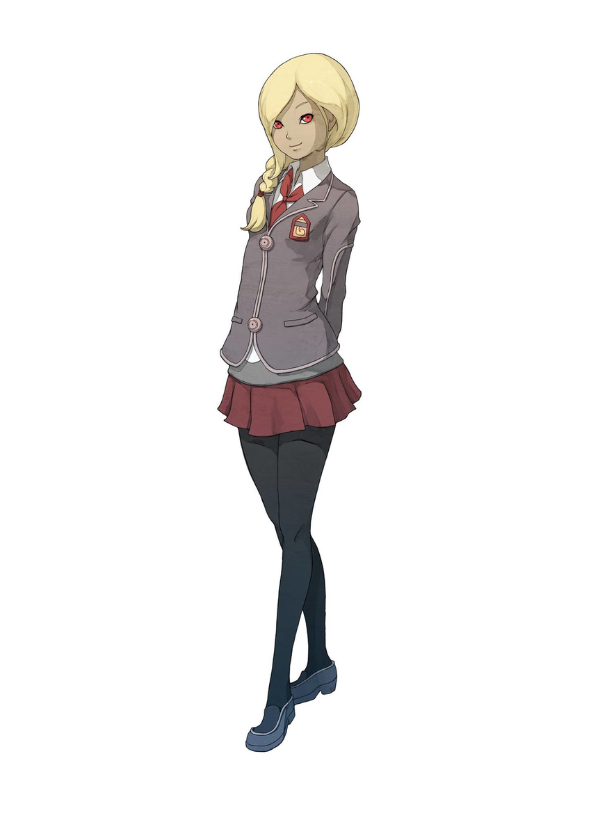 alternate_costume alternate_hairstyle arms_behind_back blonde_hair braid dark_skin full_body gravity_daze gravity_daze_2 highres kitten_(gravity_daze) looking_at_viewer official_art pantyhose red_eyes saitou_shunsuke school_uniform skirt smile solo standing